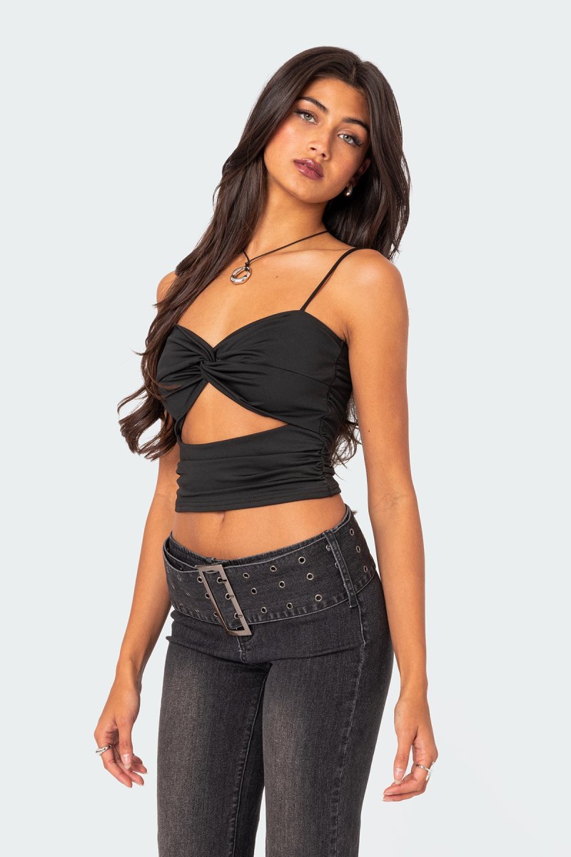 Edikted Twist Front Gathered Cut Out Tank Top Black | USA MB332053J2