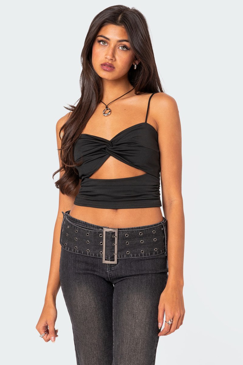 Edikted Twist Front Gathered Cut Out Tank Top Black | USA MB332053J2