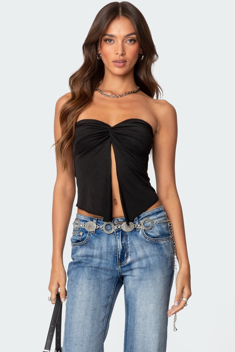 Edikted Twisted Split Front Tube Strapless Tops Black | USA TD222772E6