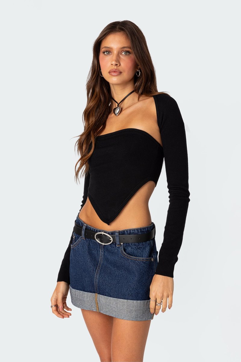 Edikted Two Piece Knit Triangle Shrug Long Sleeve Tops Black | USA PP439743L6
