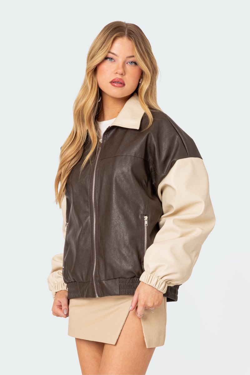 Edikted Two Tone Faux Leather Bomber Jackets Brown | USA EF166616H0