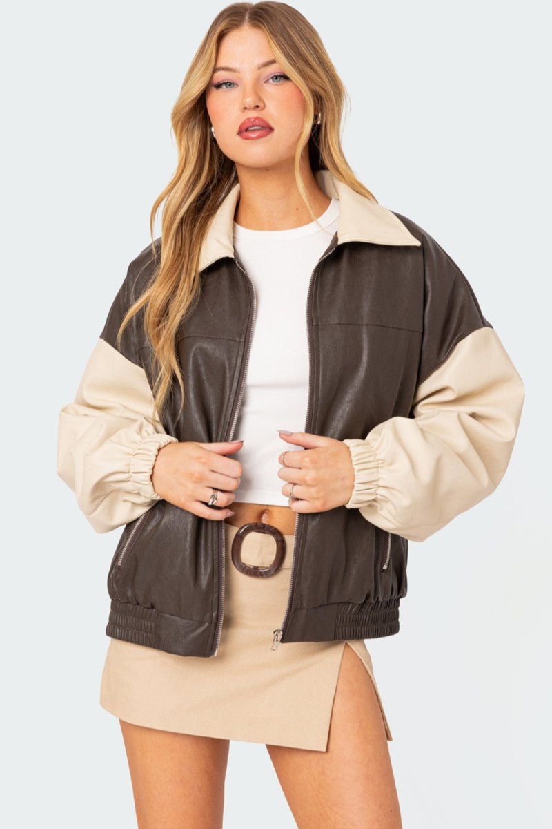 Edikted Two Tone Faux Leather Bomber Jackets Brown | USA EF166616H0