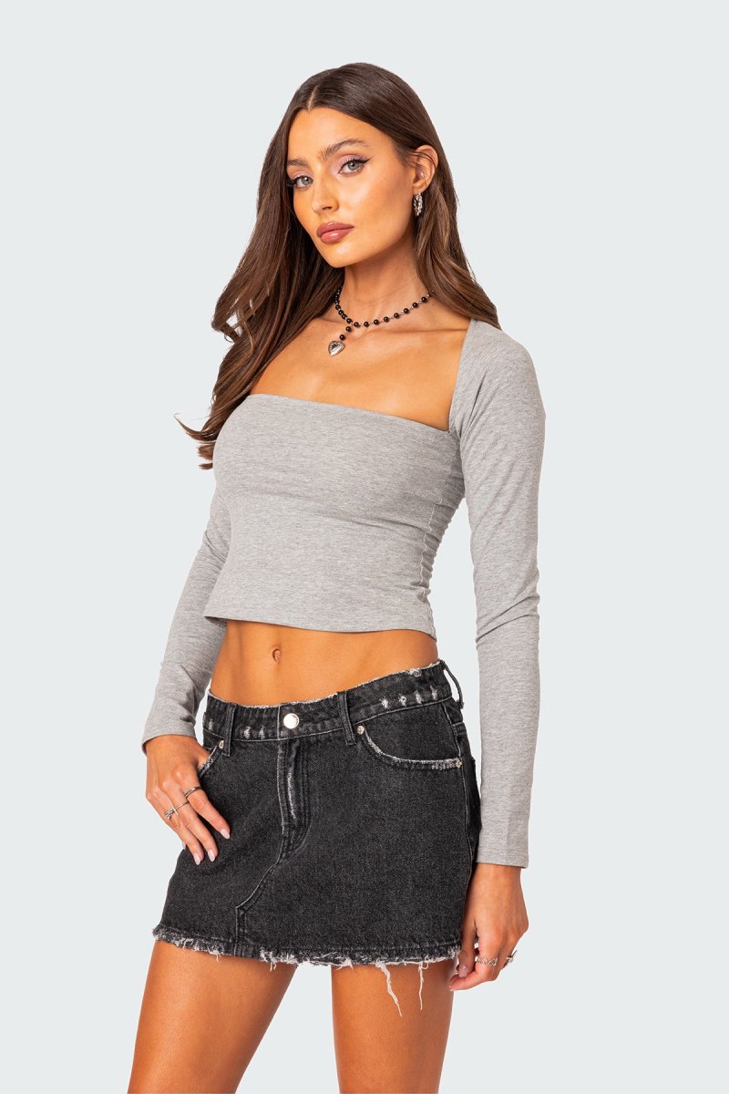 Edikted Urban Girl Wide Neck Long Sleeve Tops Gray Melange | USA GG720152C5