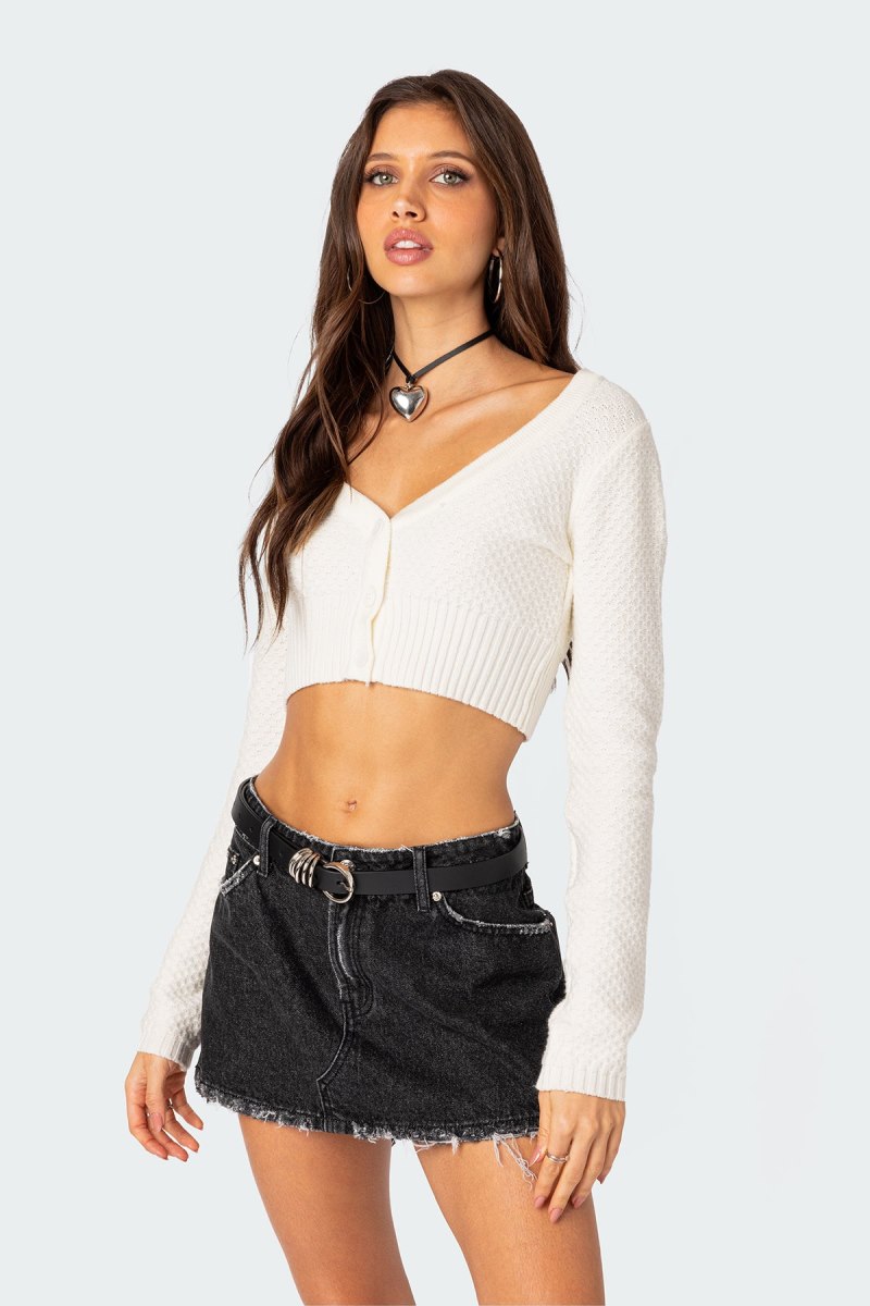 Edikted V Neck Cropped Cardigan Cream | USA ZL774577Q7
