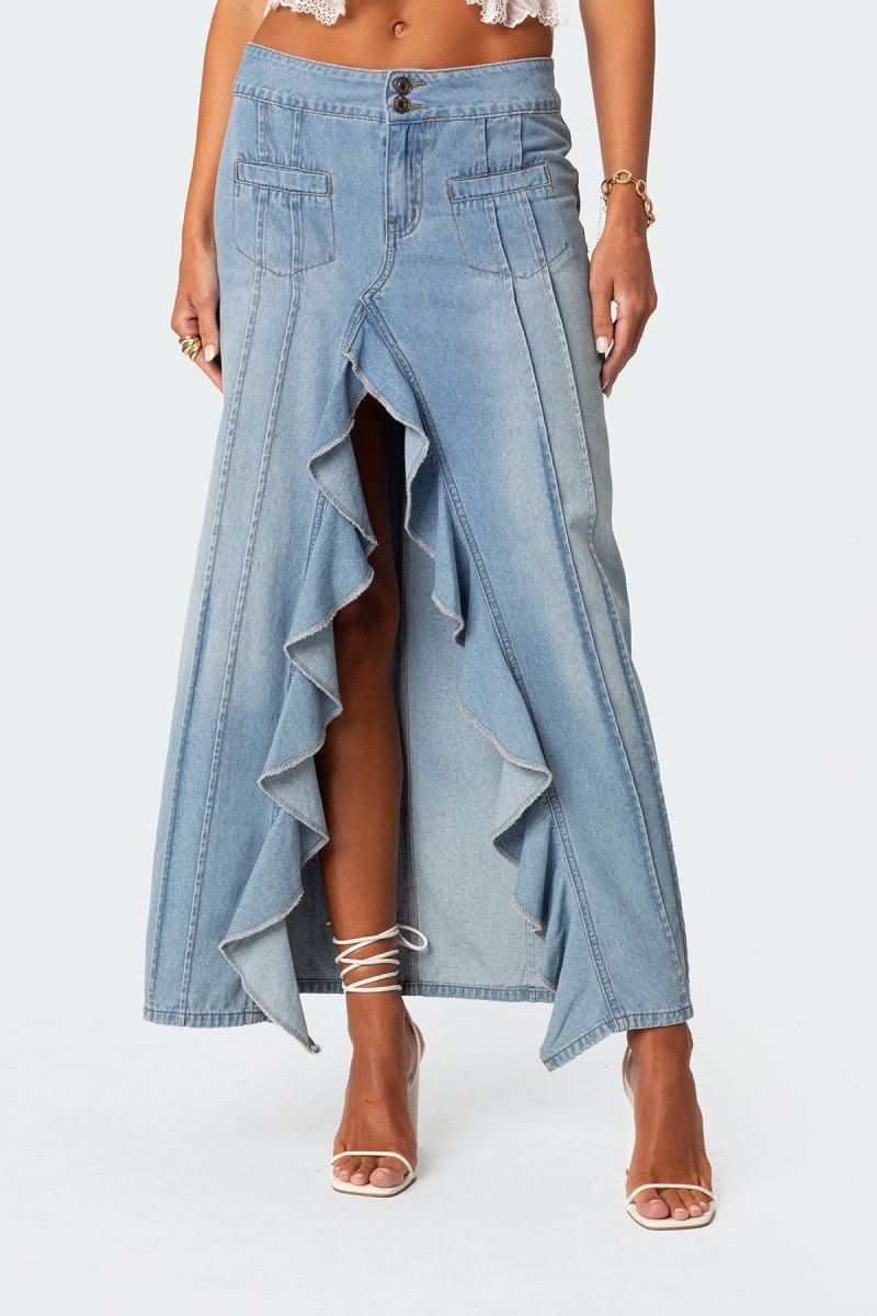 Edikted Valencia Ruffle Slitted Denim Maxi Skirts Blue | USA QR309710Y9