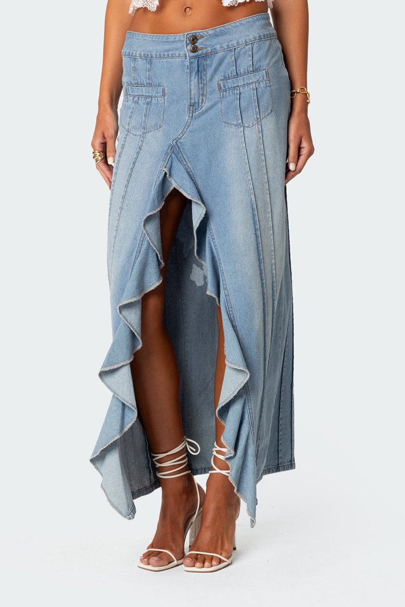 Edikted Valencia Ruffle Slitted Denim Maxi Skirts Blue | USA QR309710Y9