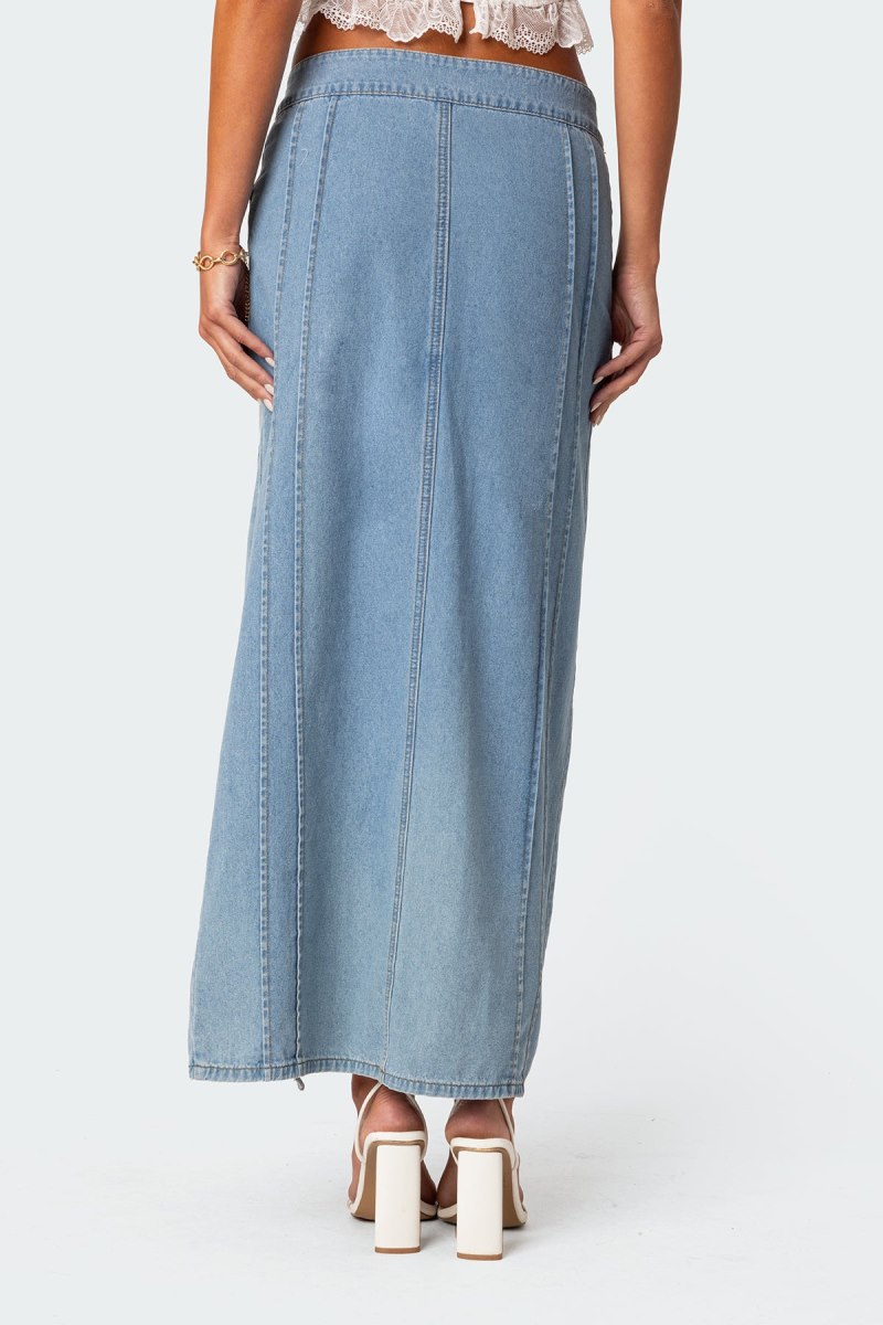 Edikted Valencia Ruffle Slitted Denim Maxi Skirts Blue | USA QR309710Y9