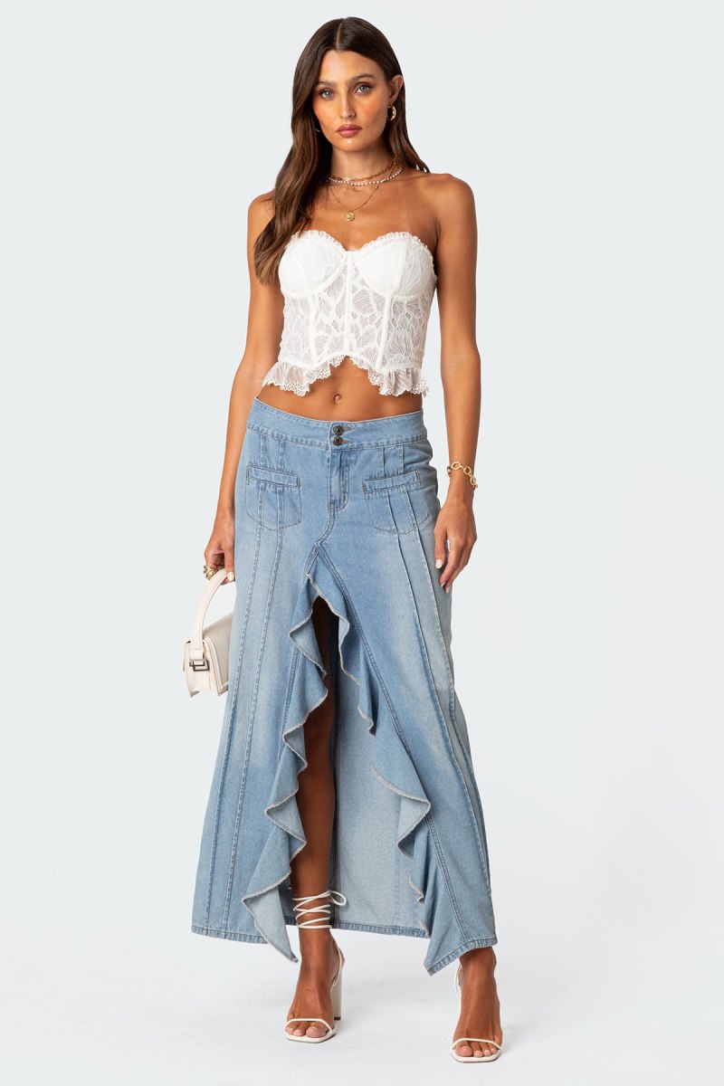 Edikted Valencia Ruffle Slitted Denim Maxi Skirts Blue | USA QR309710Y9