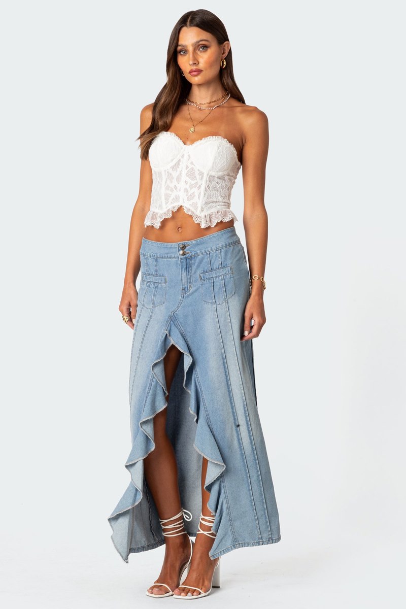 Edikted Valencia Ruffle Slitted Denim Maxi Skirts Blue | USA QR309710Y9