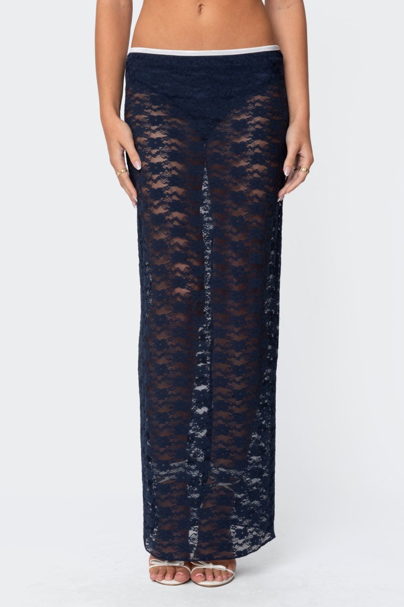 Edikted Vara Sheer Lace Maxi Skirts Navy | USA AG854965J6