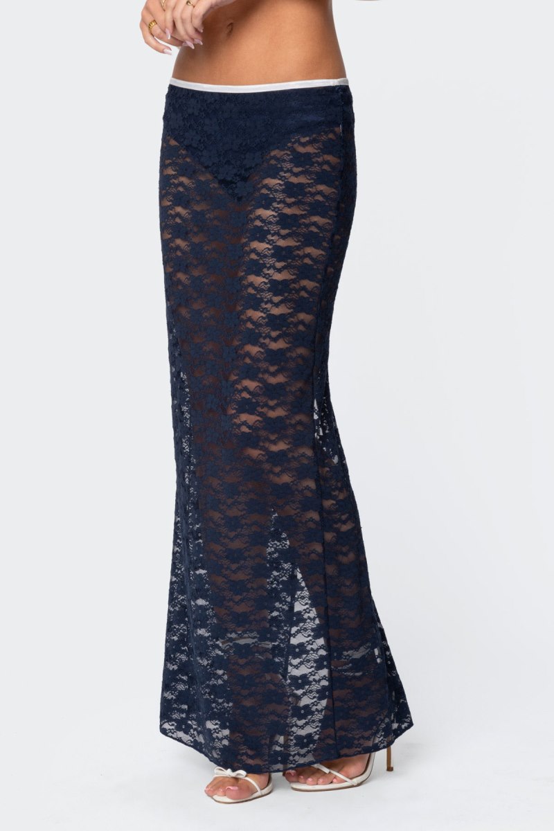 Edikted Vara Sheer Lace Maxi Skirts Navy | USA AG854965J6
