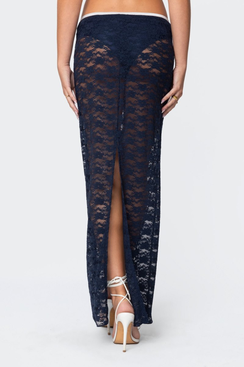Edikted Vara Sheer Lace Maxi Skirts Navy | USA AG854965J6