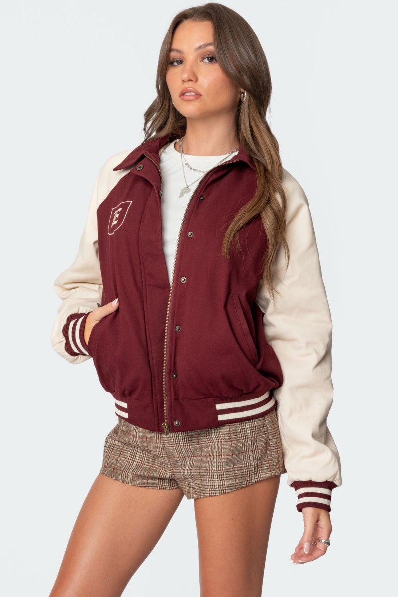 Edikted Varsity Oversized Bomber Jackets Burgundy | USA QG750295B9