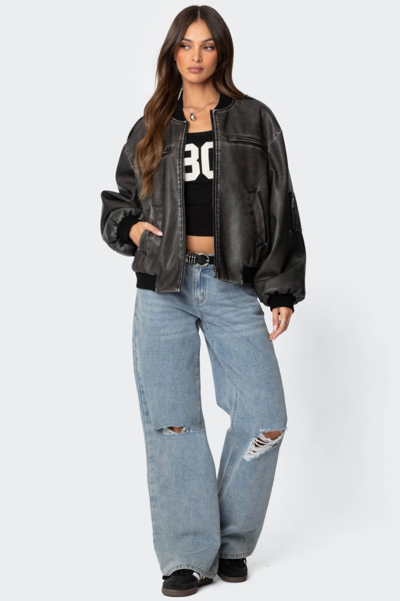 Edikted Vava Washed Faux Leather Bomber Jackets Gray Washed | USA QW134143V7