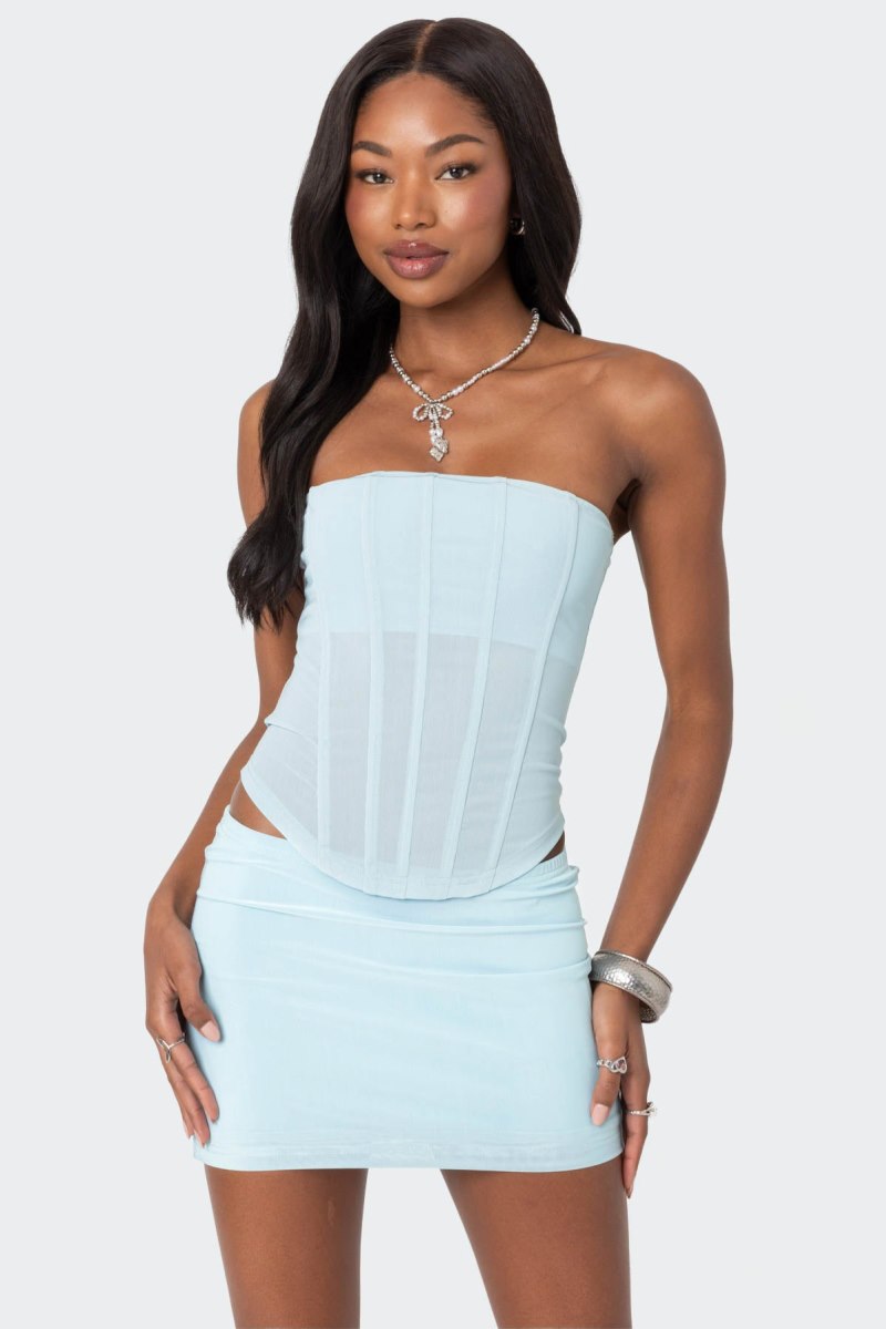 Edikted Vega Sheer Mesh Corset Strapless Tops Light Blue | USA QI125362C7