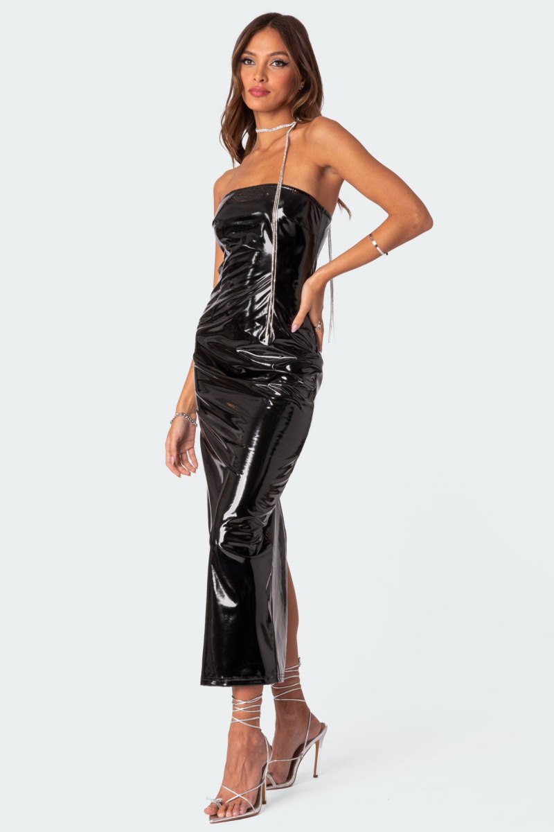 Edikted Vegas Vinyl Maxi Dress Maxi Dress Black | USA FI437153I2