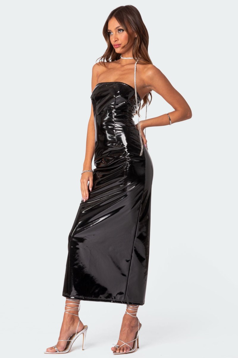 Edikted Vegas Vinyl Maxi Dress Maxi Dress Black | USA FI437153I2