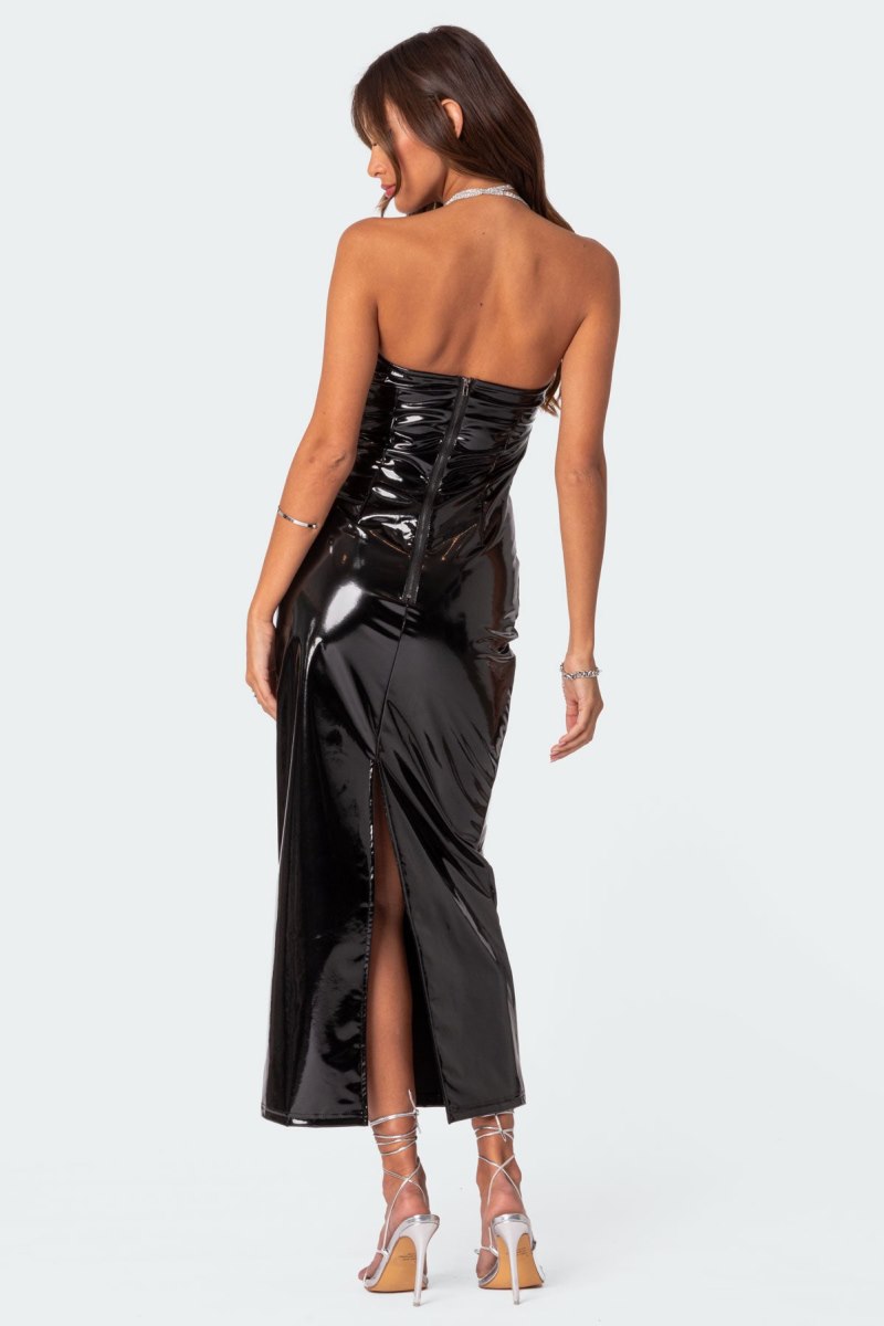 Edikted Vegas Vinyl Maxi Dress Maxi Dress Black | USA FI437153I2