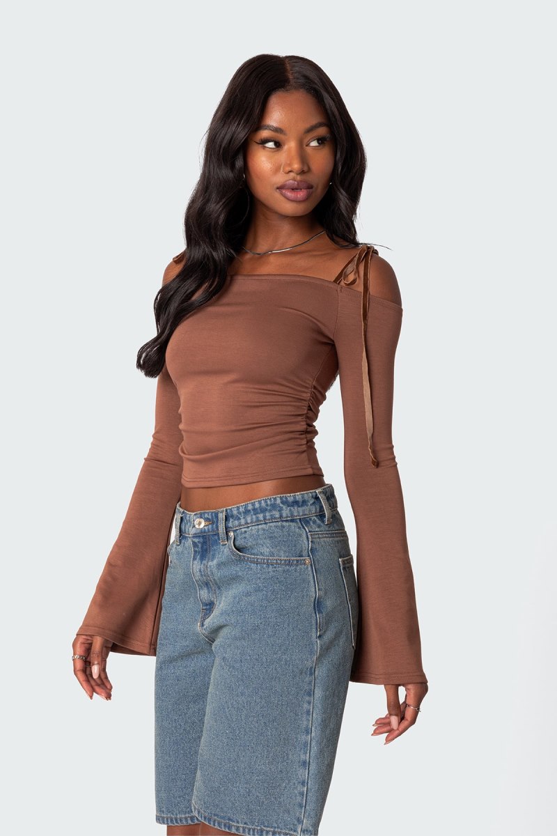 Edikted Velvet Tie Off Shoulder Long Sleeve Tops Brown | USA ZP638113T8