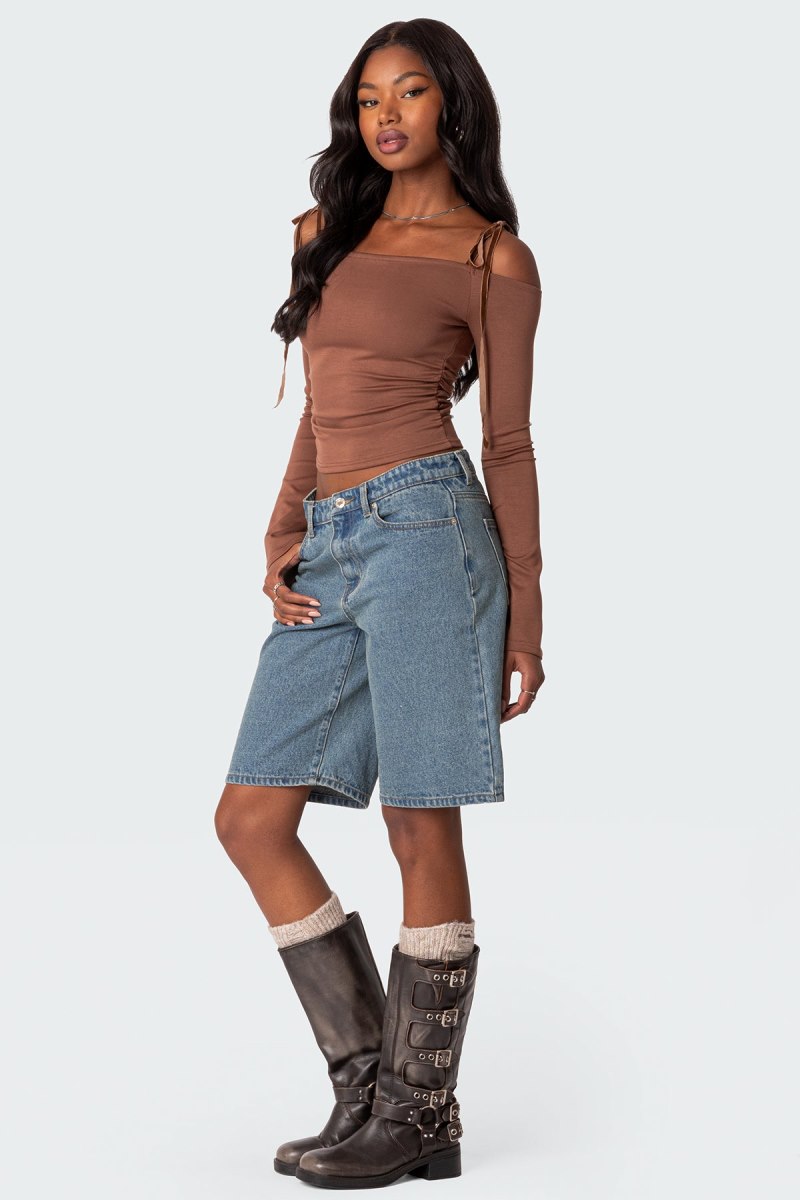 Edikted Velvet Tie Off Shoulder Long Sleeve Tops Brown | USA ZP638113T8