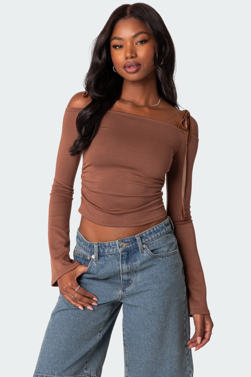 Edikted Velvet Tie Off Shoulder Long Sleeve Tops Brown | USA ZP638113T8