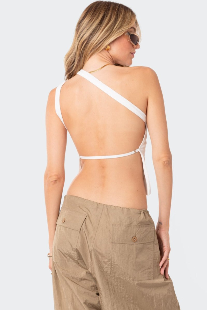 Edikted Verdi Open-Back One Shoulder Crop Tops Olive | USA DK448984D4