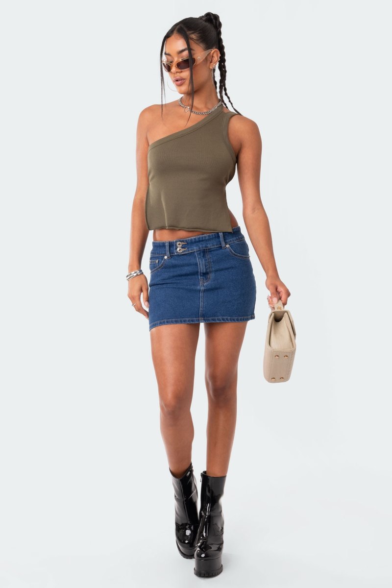 Edikted Verdi Open-Back One Shoulder Crop Tops Olive | USA LF385608B4