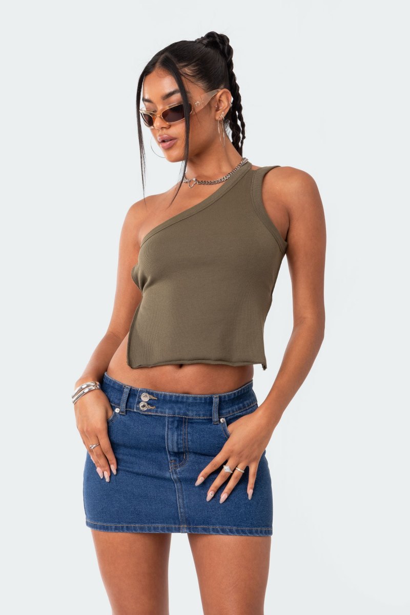 Edikted Verdi Open-Back One Shoulder Crop Tops Olive | USA LF385608B4