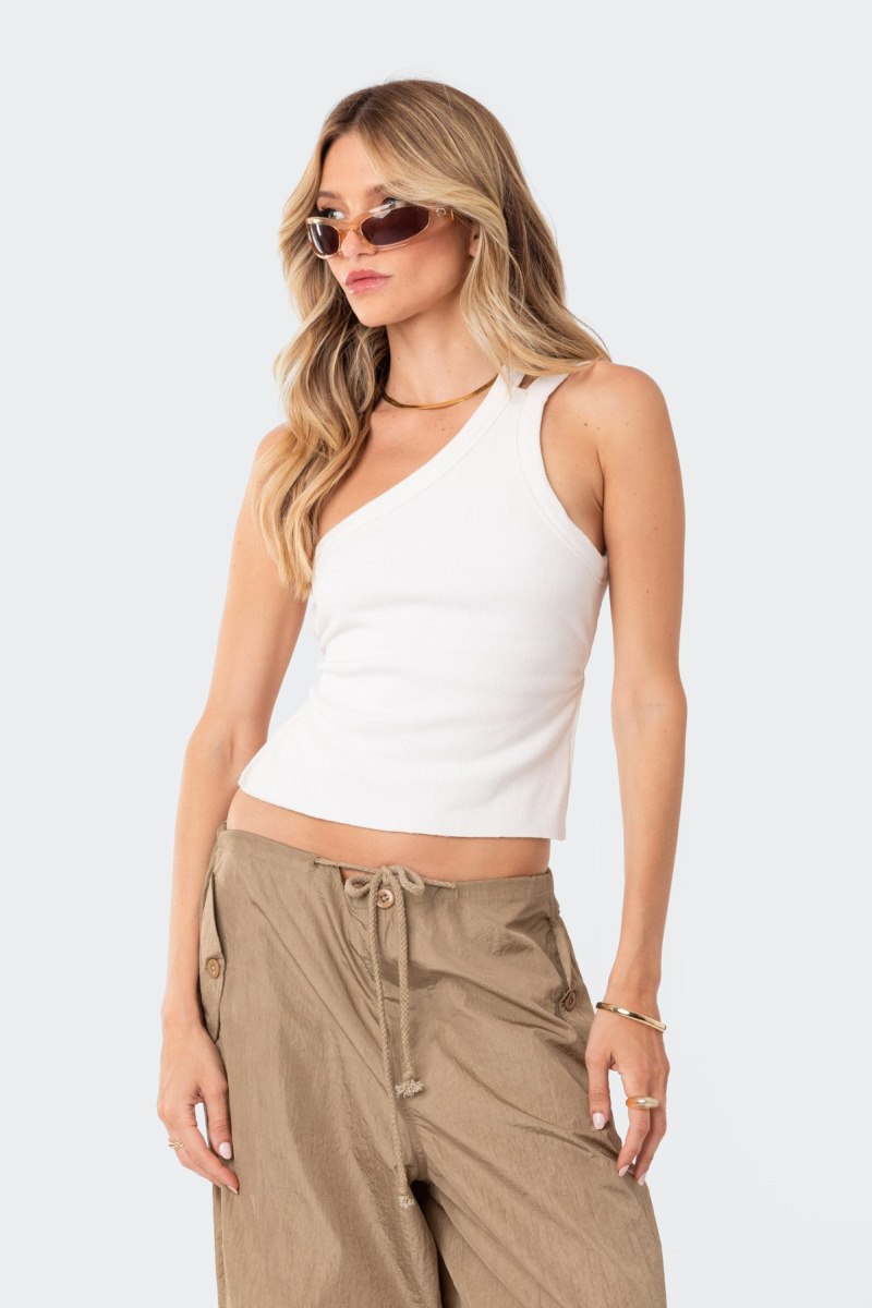 Edikted Verdi Open-Back One Shoulder Tank Top Olive | USA LB210421D2