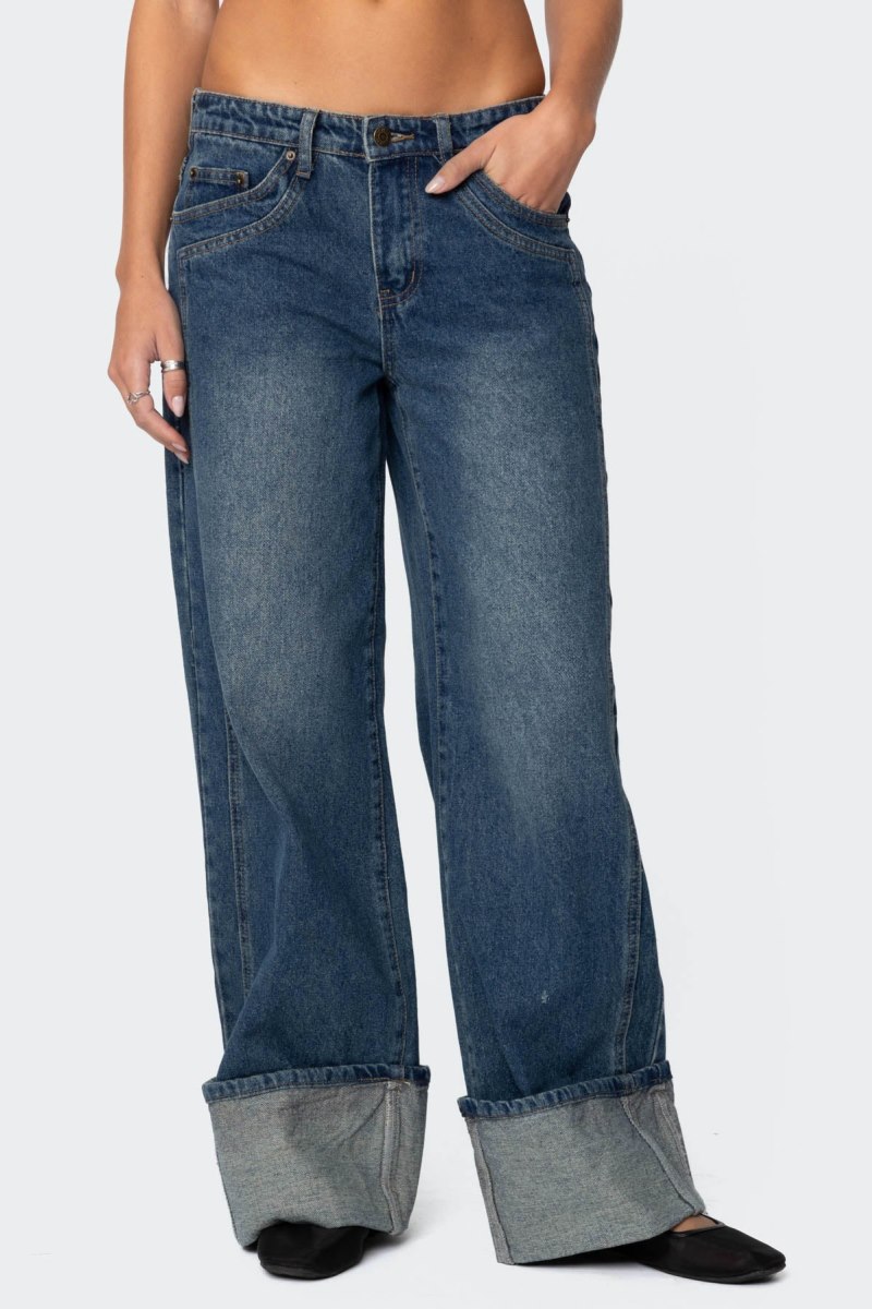 Edikted Vesper Cuffed Low Rise Jeans Black | USA BW911881N7