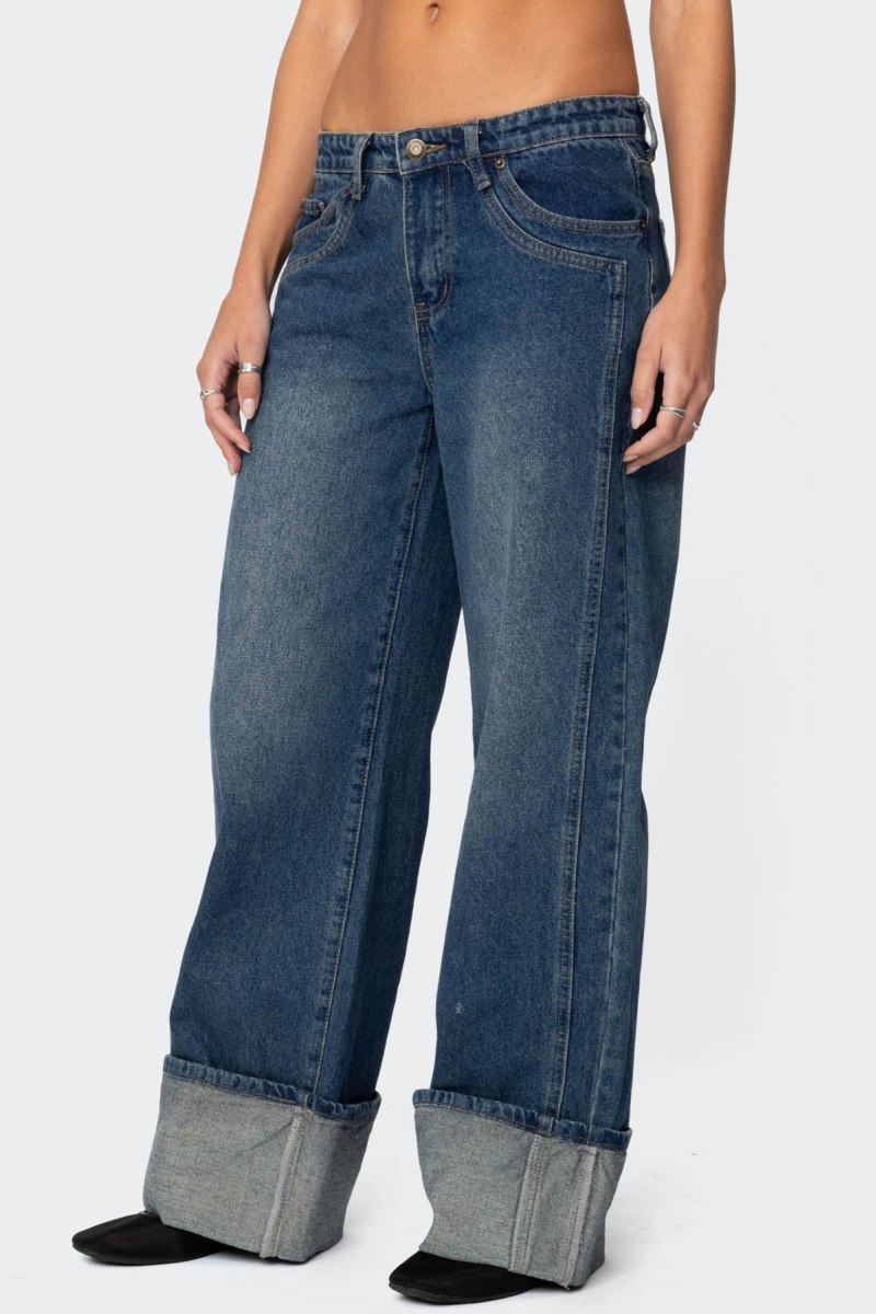 Edikted Vesper Cuffed Low Rise Jeans Black | USA BW911881N7