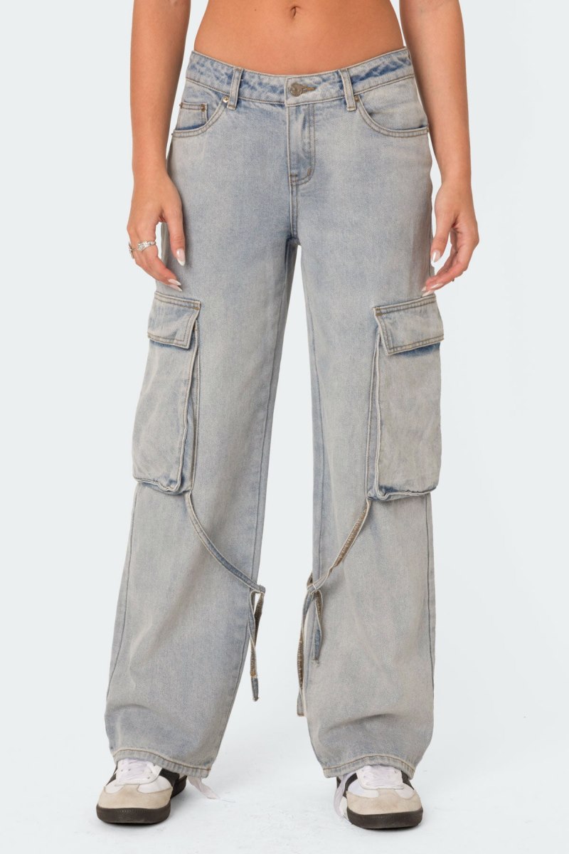 Edikted Via Low Rise Washed Denim Cargo Pants Jeans Blue Washed | USA PL676537T5