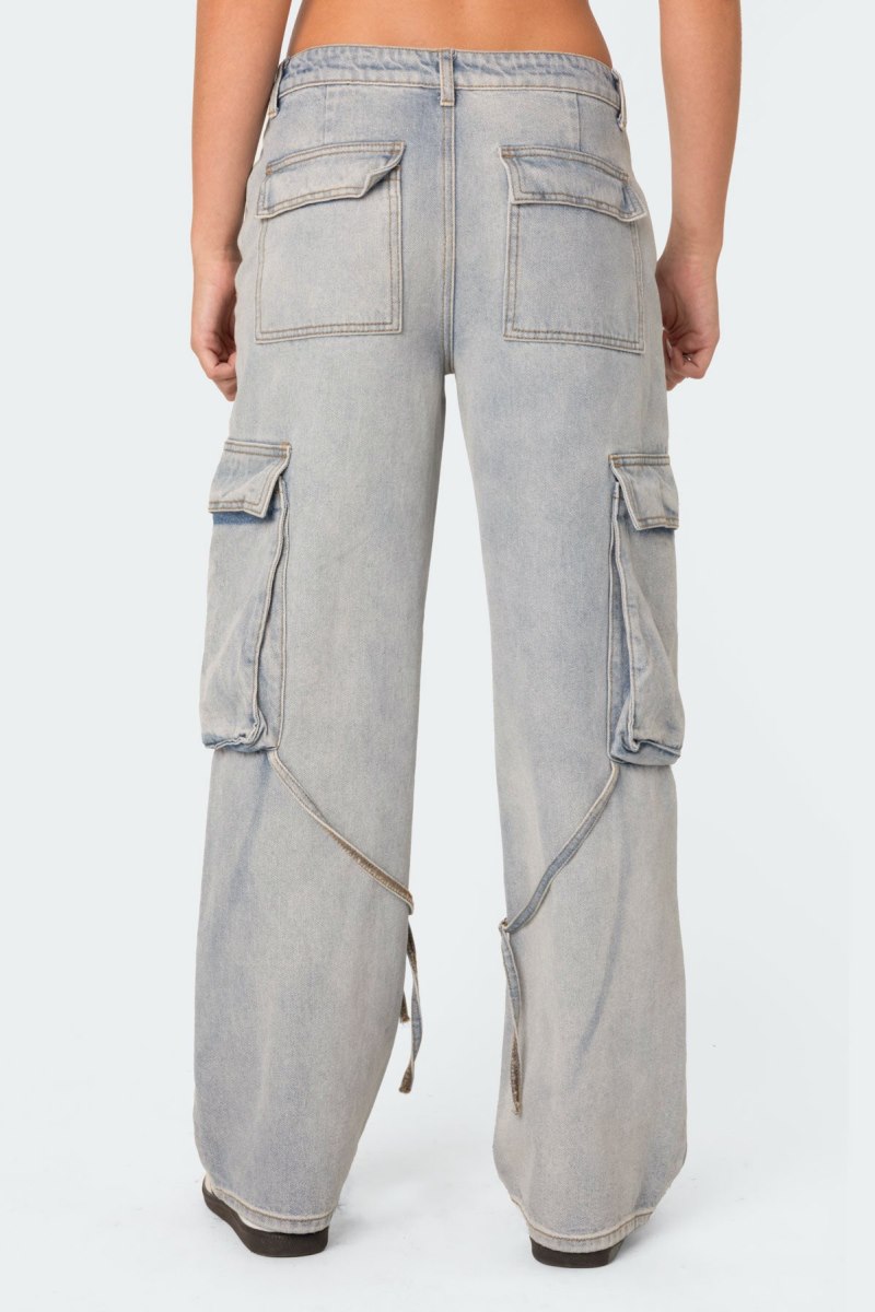 Edikted Via Low Rise Washed Denim Cargo Pants Jeans Blue Washed | USA PL676537T5