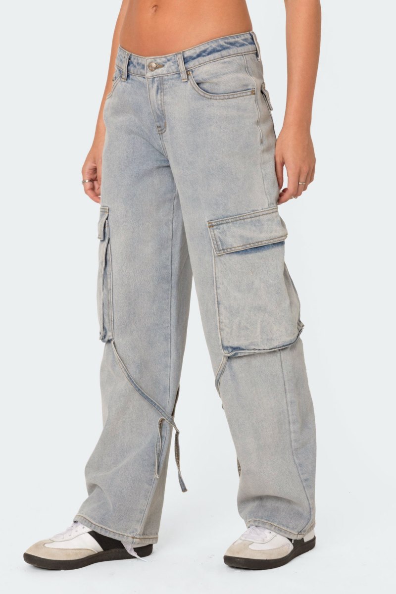 Edikted Via Low Rise Washed Denim Cargo Pants Blue Washed | USA EL300840X9