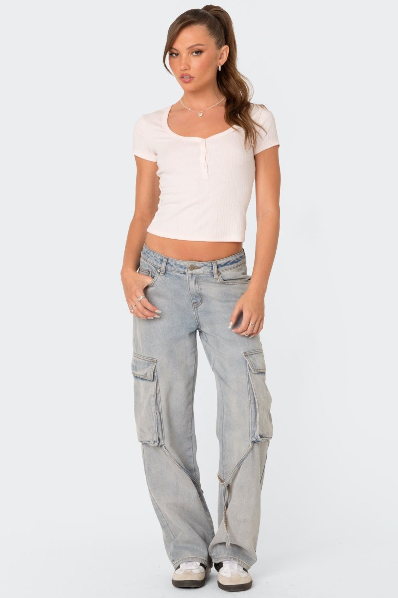 Edikted Via Low Rise Washed Denim Cargo Pants Blue Washed | USA EL300840X9