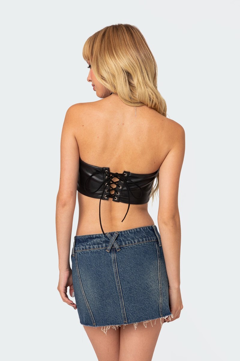Edikted Vic Triangle Faux Leather Crop Strapless Tops Black | USA GI654675L5