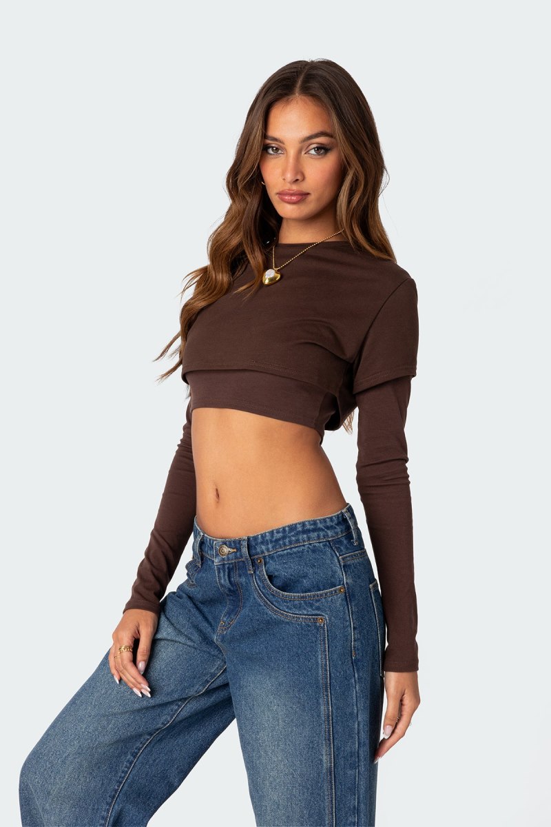 Edikted Vick Layered Cropped T-Shirt Crop Tops Brown | USA IB713601U4