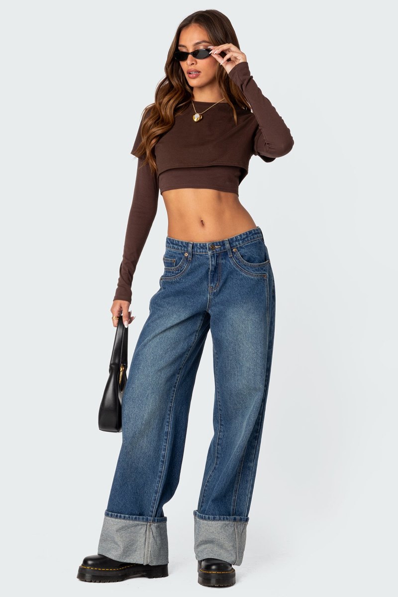 Edikted Vick Layered Cropped T-Shirt Long Sleeve Tops Brown | USA WV424262T0