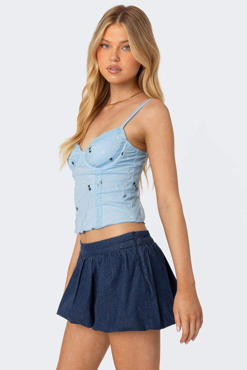 Edikted Victoria Embroidered Mesh Bra Corset Light Blue | USA ZU288788V1