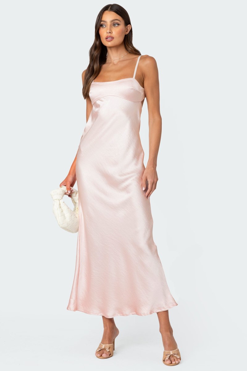 Edikted Vienna Open Back Satin Maxi Dress Maxi Dress Light Pink | USA RL687458L3