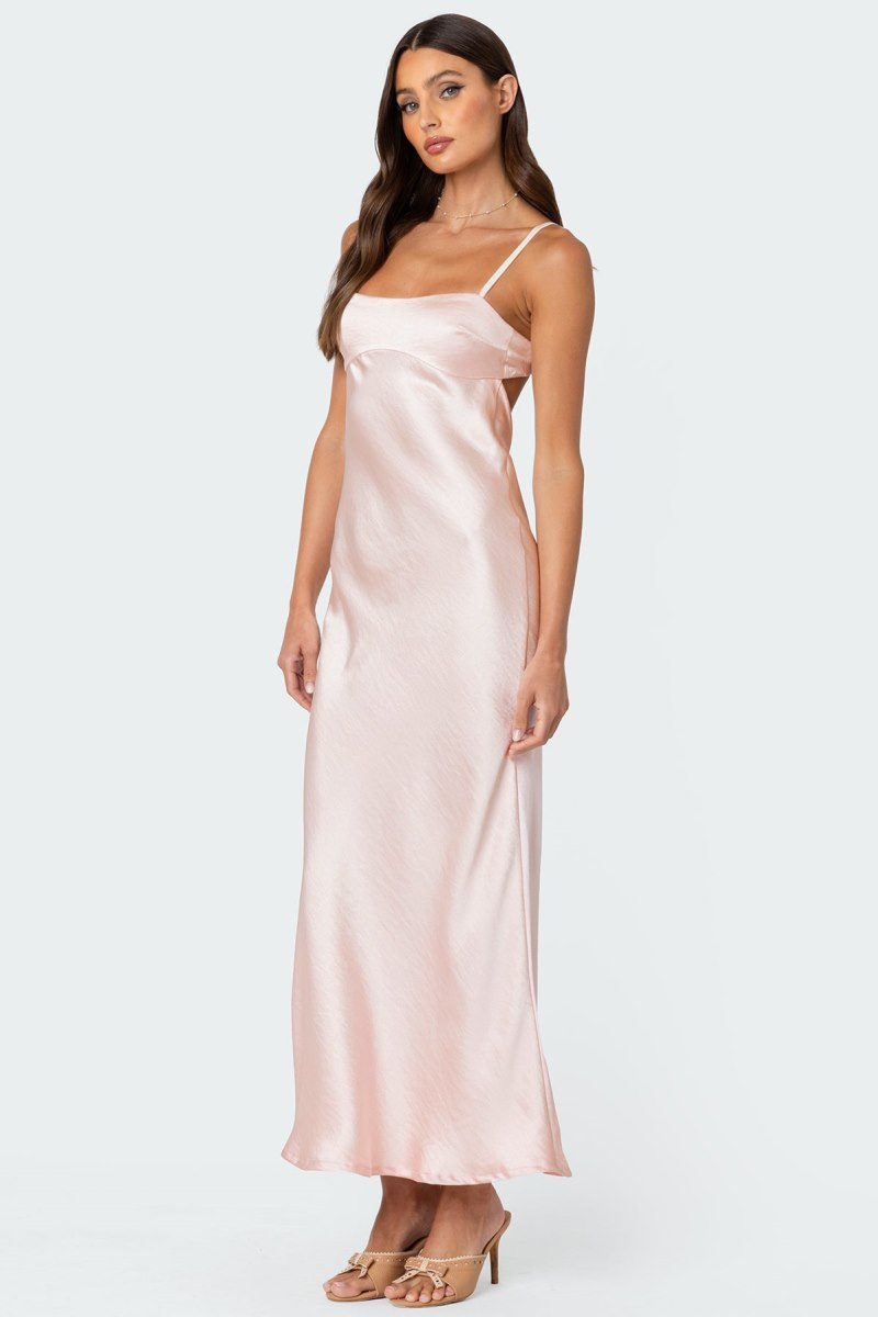 Edikted Vienna Open Back Satin Maxi Dress Maxi Dress Light Pink | USA RL687458L3