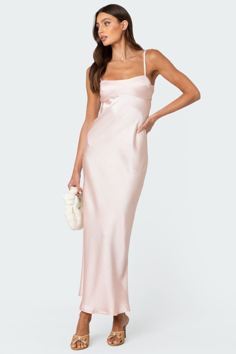 Edikted Vienna Open Back Satin Maxi Dress Maxi Dress Light Pink | USA RL687458L3