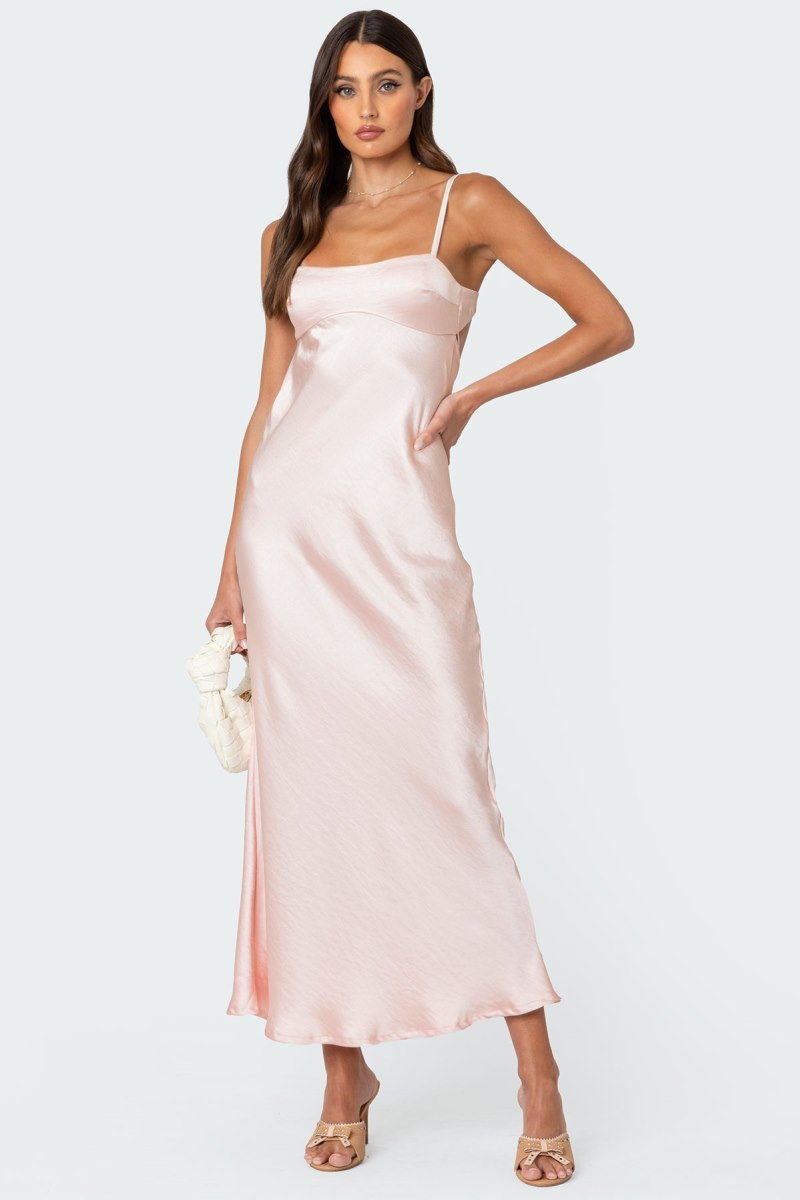 Edikted Vienna Open Back Satin Maxi Dress Maxi Dress Light Pink | USA RL687458L3