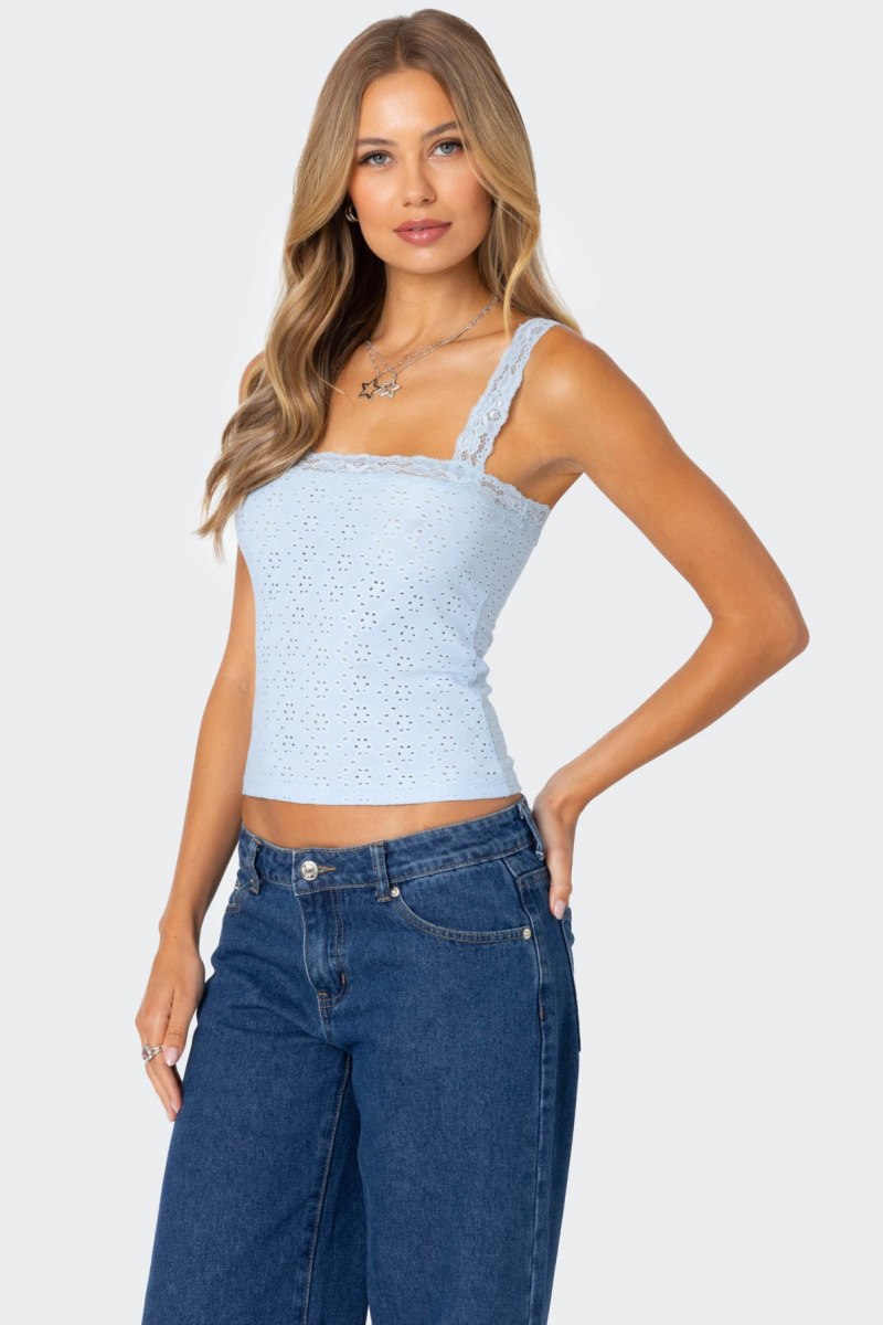 Edikted Virginia Lace Trim Eyelet Tank Top Light Blue | USA VB330483A2
