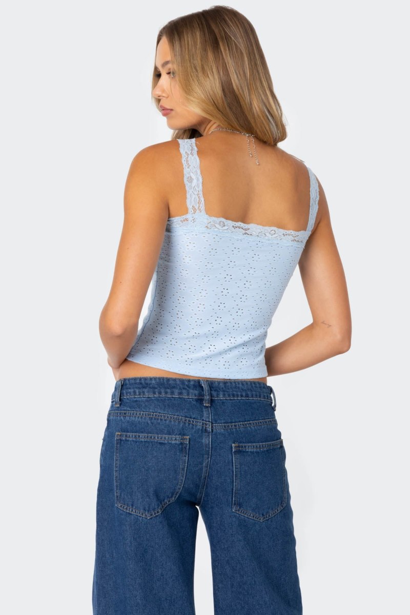 Edikted Virginia Lace Trim Eyelet Tank Top Light Blue | USA VB330483A2