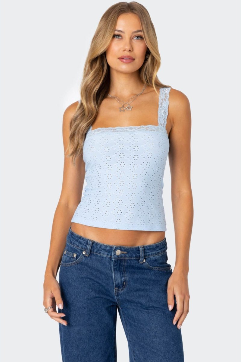 Edikted Virginia Lace Trim Eyelet Tank Top Light Blue | USA VB330483A2