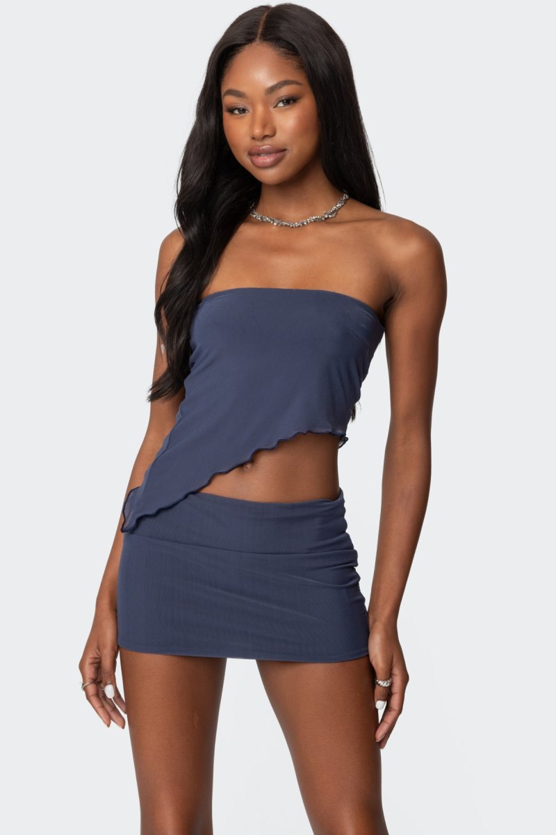 Edikted Vivi Mesh Asymmetric Tube Strapless Tops Blue | USA TJ446124M3