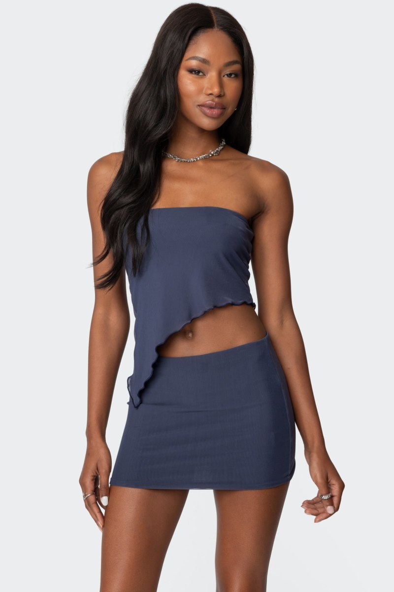 Edikted Vivi Mesh Asymmetric Tube Strapless Tops Blue | USA TJ446124M3