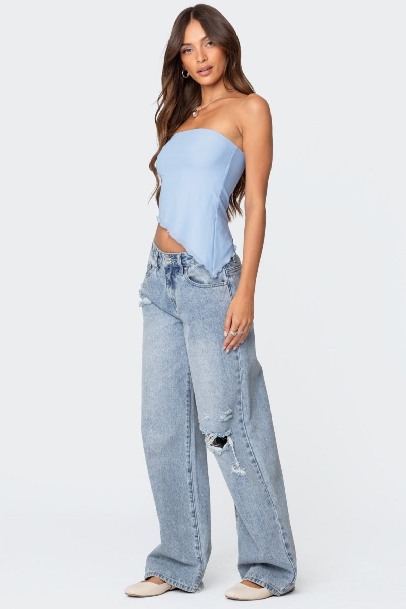 Edikted Vivi Mesh Asymmetric Tube Strapless Tops Blue | USA MM850985K1