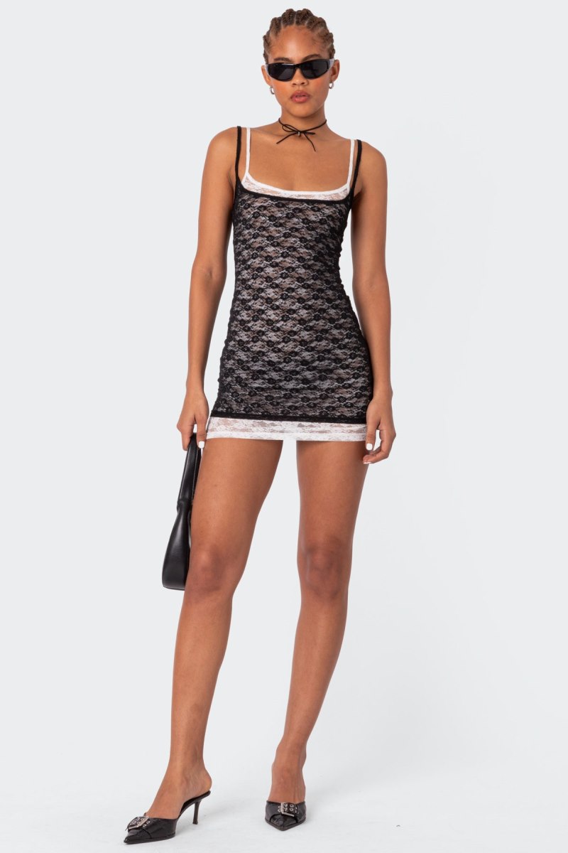 Edikted Vivian Layered Lace Mini Dress LBD Black And White | USA LH373877D0